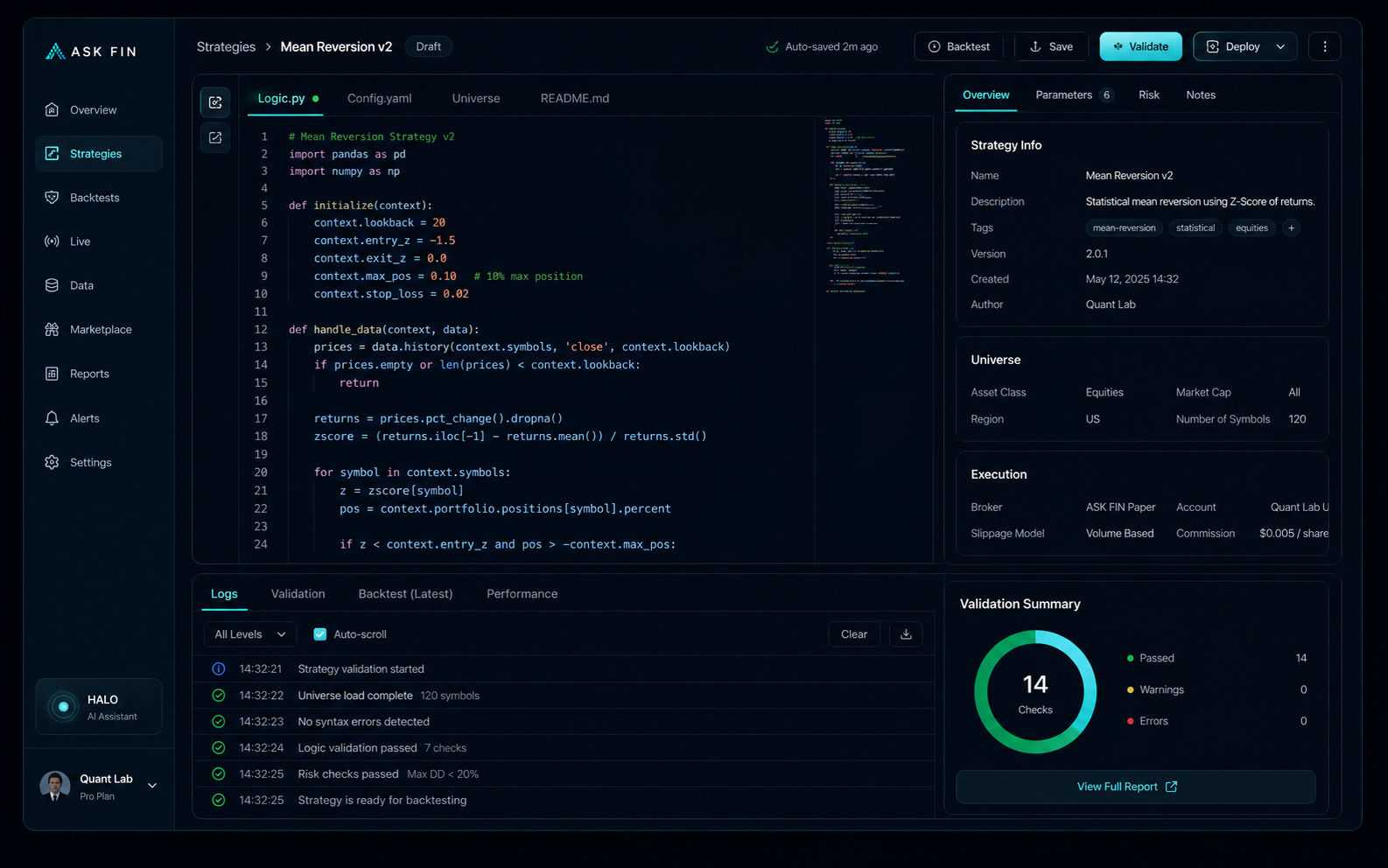 Strategy Creation Environment ASK FIN interface preview